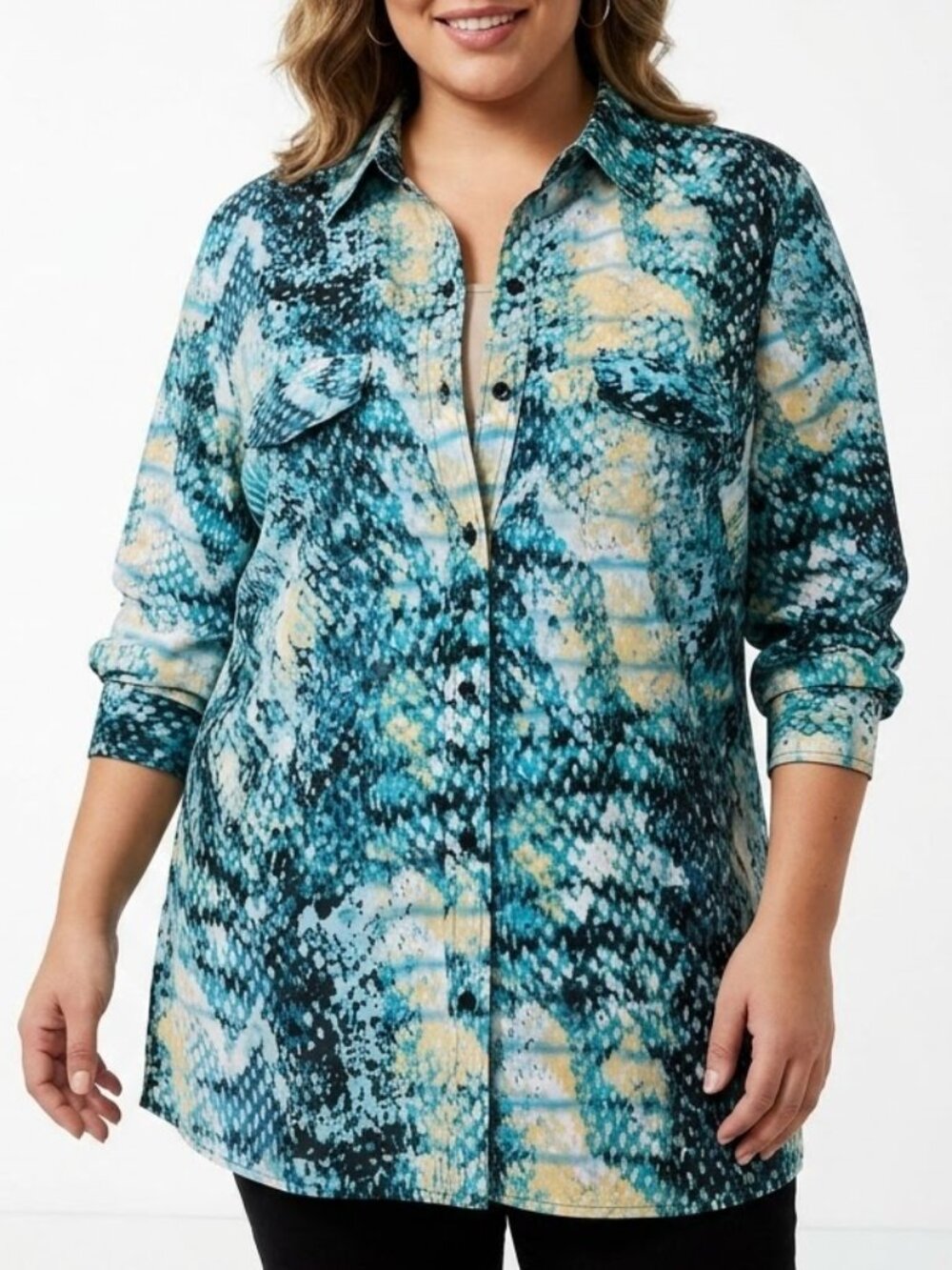 WHITE STAG Blue Python Print Blouse XL Indie Sleaze Snakeskin Button Down
